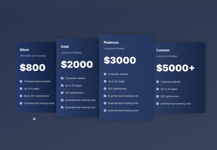 Four-tier pricing table for website packages with feature comparison