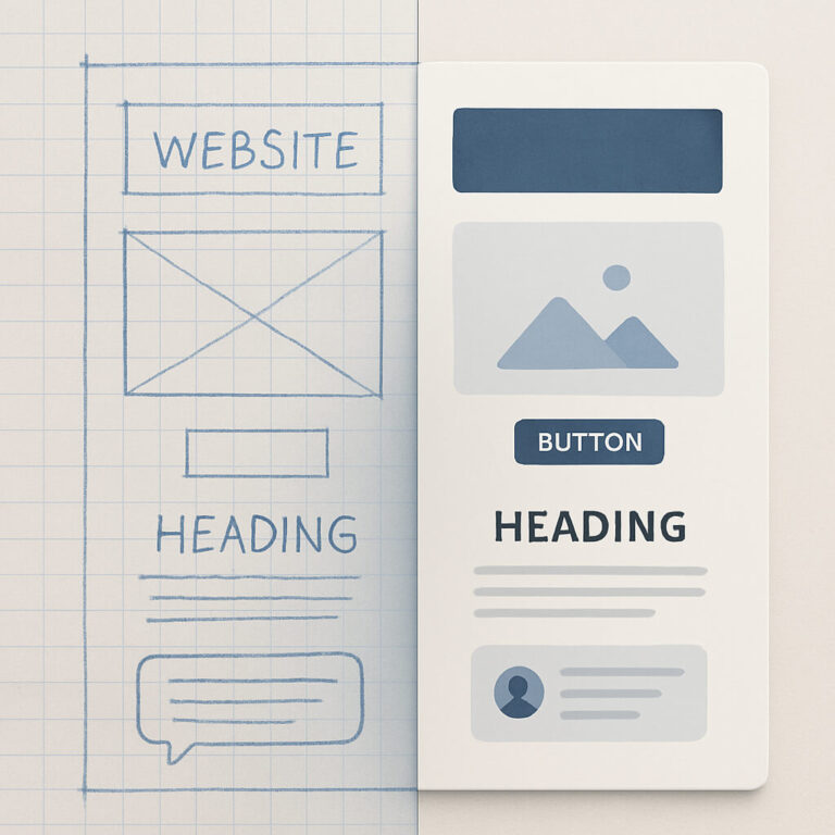 Website wireframe transforming into a digital mockup